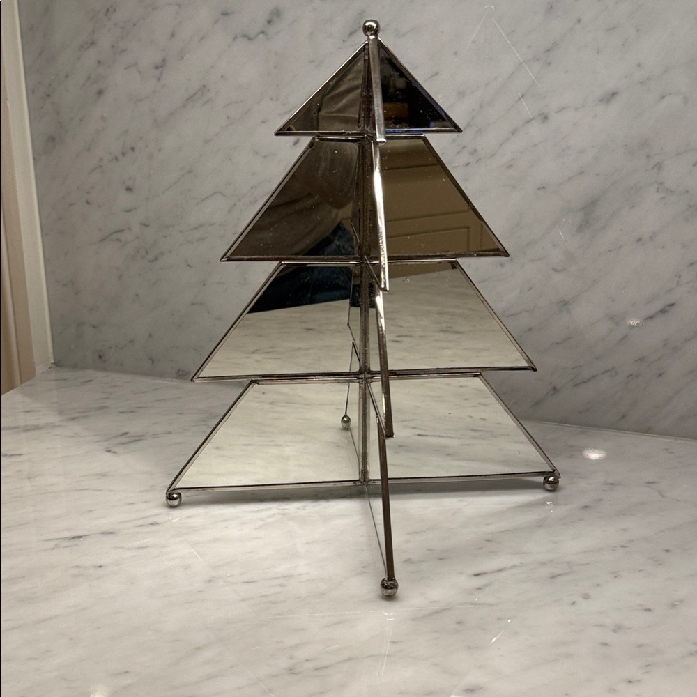 Crate & Barrel Mirror Christmas Pine Tree 4 Sided 12" Standing